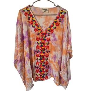Savanna Jane Kaftan Blouse 1X/2X Tie Dye Aztec Embroidered Rayon Boho